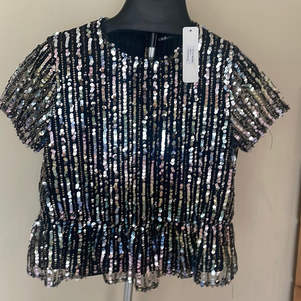 NWT INA Black Colorfull Sequin
Embellished Mesh Top.size small